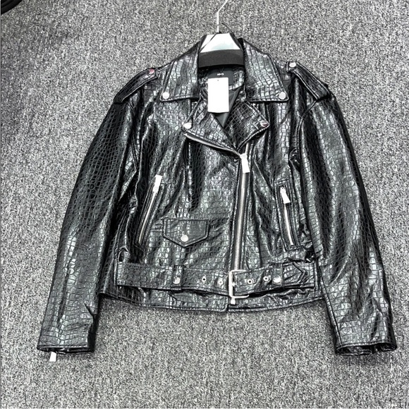Mango Black Croc-Pattern Leather Jacket - Picture 1 of 3